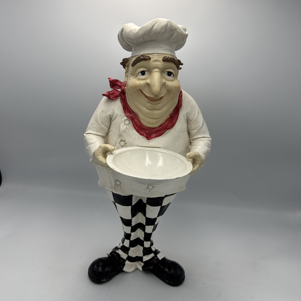 Italian Chef 14in Resin Figurine Holding Serving Bowl Decor Red White Black